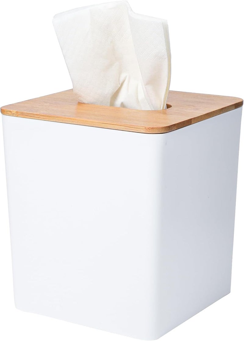 Sunkaioo Tissue Box Cover Square,Tissue Box Holder with Bamboo Lid,Tissue Dryer Sheet Holder for Modern Farmhouse Boho Decor,1 Pack,(White) - Image 1